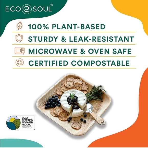 ECO SOUL 100% Compostable 10 Inch Square Palm Leaf Plates (Pack of 25) New - Picture 4 of 6